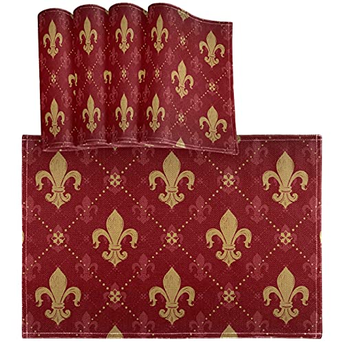 Oarencol Fleur de Lis Mardi Gras Florals Rot Platzdeckchen Set 4 Stück Tischsets Hitzebeständig Waschbar Saubere Platzsets für Küche Esszimmer Dekoration von Oarencol