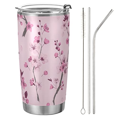 Oarencol Japanische Kirschblüte, 590 ml, Becher mit Sakura-Blume, Auto-Kaffeebecher mit Deckel und Strohhalm, Edelstahl, vakuumisolierte Wasserflasche von Oarencol