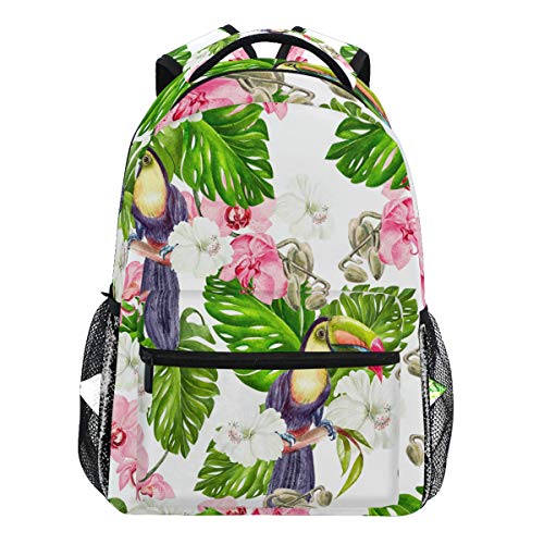 Oarencol Rucksack für Damen, Herren, Mädchen, Jungen, Tropische Tukanpalmen-Orchideen, Hibiskus-Blumen, Vogel-Rucksack, Tagesrucksack, Reisen, Schule, Hochschultasche von Oarencol