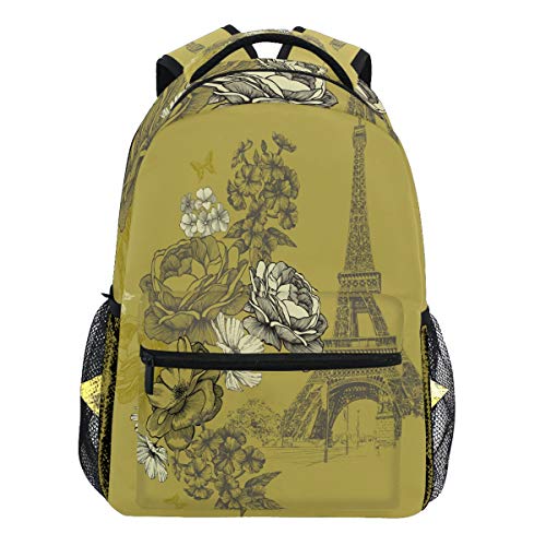 Oarencol Rucksack mit Eiffelturm in Paris Blumenmuster, Vintage-Stil, für Reisen, Schule, College, für Damen und Herren von Oarencol