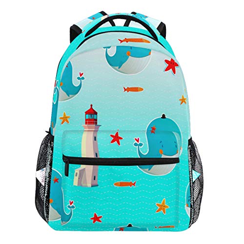 Oarencol Rucksack mit süßem Wal, Leuchtturm, Fisch, Seestern, für Reisen, Schule und Schule, für Damen und Mädchen von Oarencol