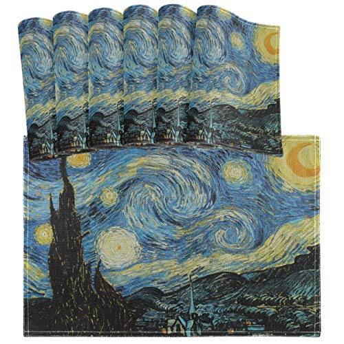 Oarencol Sternennacht von Vincent Van Gogh Kunstwerk Malerei Platzdeckchen Tischsets 6er Set Hitzebeständig Waschbar Saubere Küche Tischsets für Esstisch Dekoration von Oarencol