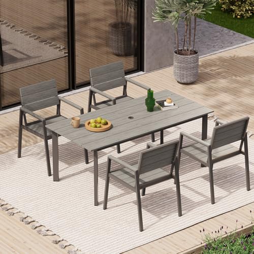 Oasbira Terrassen-Esstisch-Sets für 4 Personen, Tisch und Stühle, 5-teiliges HDPS und Aluminium-Terrassenmöbel-Set mit Schirmloch für Deck, Garten, Hinterhof (grau) von Oasbira