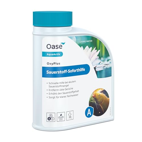 OASE 43153 AquaActiv OxyPlus 500 ml - Sauerstoffsoforthilfe, ideal bei Sauerstoffmangel, sorgt für klares Wasser in Schwimmteich Gartenteich Koiteich Fischteich, Silber von Oase