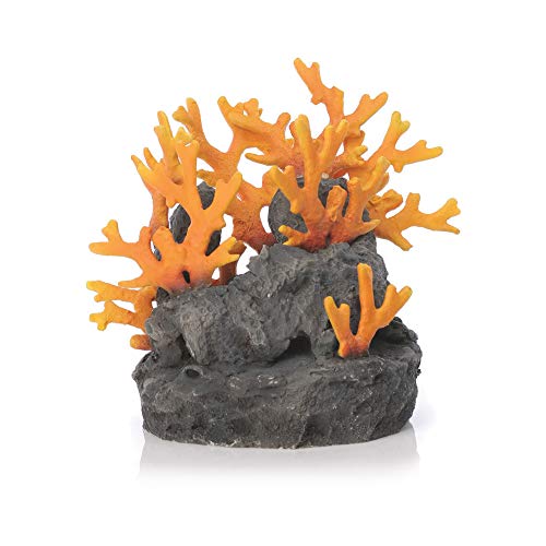 biOrb 46123 Lavagestein mit Feuerkoralle Ornament – naturnahe Aquariumdeko in Form von oranger Koralle auf grauem Felsen zur Gestaltung von Süßwasseraquarien und Meerwasseraquarien von biOrb