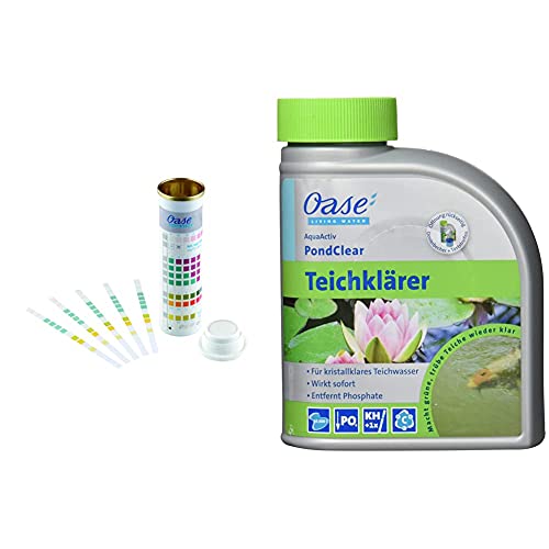 Oase 50570 AquaActiv QuickSticks 6in 1 50 Stück - Wasseranalyse Teststreifen für Teichwasser aus Gartenteich Fischteich Koiteich Schwimmteich Pool & 43140 AquaActiv PondClear Teichklärer 500 ml von Oase