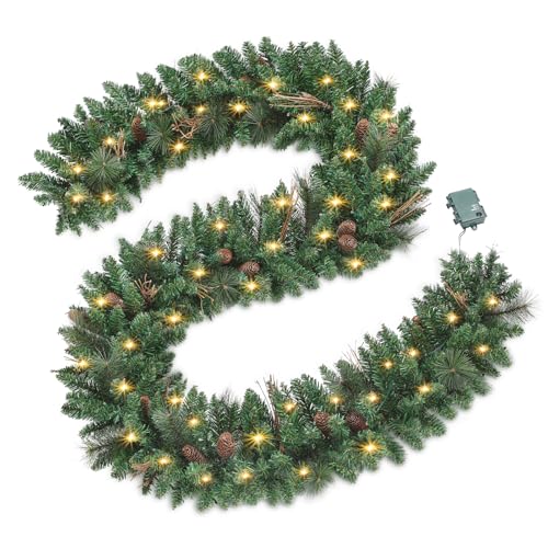 OasisCraft 270cm Weihnachtsgirlande, vorbeleuchtet Girlande mit Grünpflanzen, beleuchtete Tannengirlande für den Außenbereich, Kamingirlande, Weihnachtsdekoration für den Innenbereich von OasisCraft