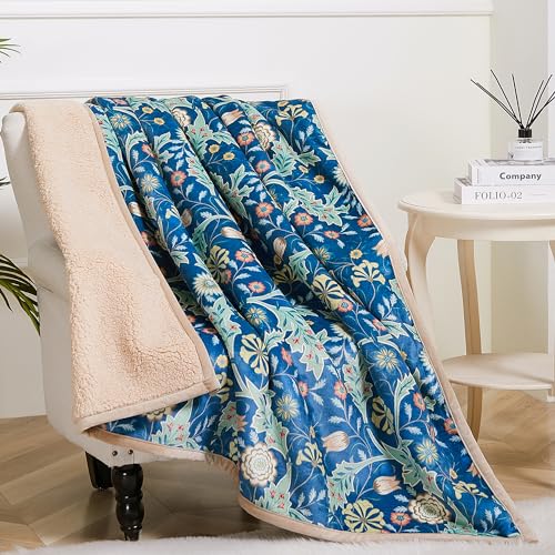 Obal William Morris Sherpa Fleece Decke Flauschige Wurfdecke für Bett- und Couch -Weiche Microfaser (Blue Blumen, Reisen/Single 150x130) von Obal