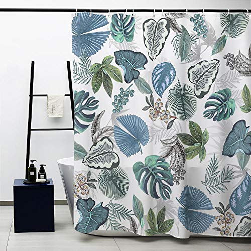 Obal Obalbaumblätter Duschvorhang, blaugrau grünes Laub Weißer Hintergrund Bad Vorhänge wasserfeste Schimmel frei Polyester Stoff Schwergewicht Home Dekor mit Vorhanghaken Waschbar, 180h * 180 l von Obal