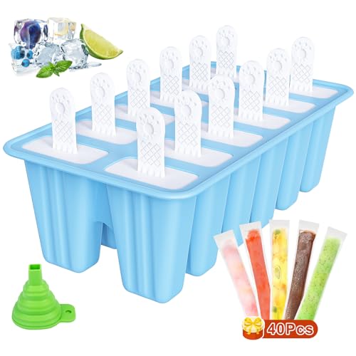 12 Zellen Eisformen Eis Am Stiel Silikon, 40 Popsicle Taschen, Silikon Eisformen mit Stiel Bpa-Frei, Stieleisformen Wiederverwendbare mit Falttrichter, Popsicle Formen Machen Set MEHRWEG von Obcarn