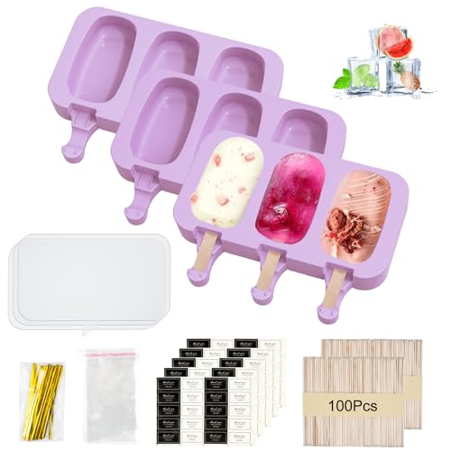3 Stück Silikon Eisformen, Eis Am Stiel Formen, Große Popsicle Formen mit Deckel, Lila Silikon Eisform mit 100 Holzstielen 100 Selbstklebende Beutel 100 Verpackungsdraht 100 Aufkleber MERHWEG von Obcarn