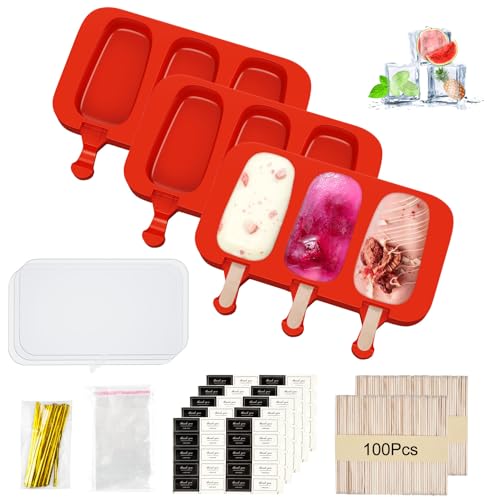 3 Stück Silikon Eisformen, Eis Am Stiel Formen, Große Popsicle Formen mit Deckel, Rot Silikon Eisform mit 100 Holzstielen 100 Selbstklebende Beutel 100 Verpackungsdraht 100 Aufkleber MERHWEG von Obcarn