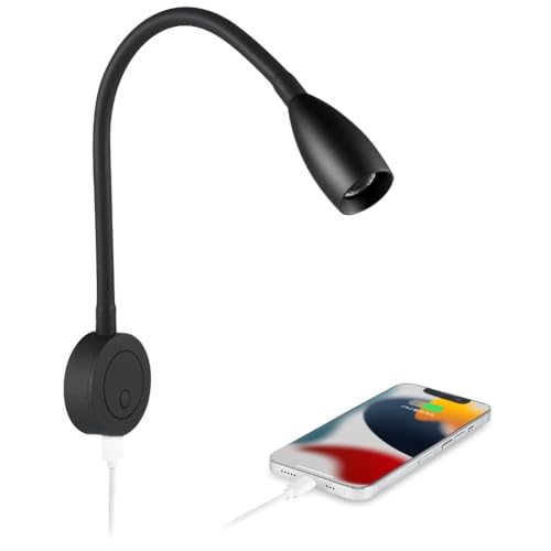 Obeaming 12V Leselampe Camper LED Dimmbar Flexible Schwanenhals Spot Augenpflege Bettlampe Wandmontage für Wohnmobil Boot Wohnwagen Yacht, Wandlampe Eingebautes USB und Dimmschalter (Schwarz Matt) von Obeaming