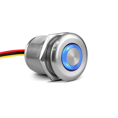 Obeaming 12V Dimmer Wohnmobil Boot Aluminium Druckknopf PWM Dimmschalter, 22mm Befestigungsloch mit blauer Hintergrundbeleuchtung für LED-Streifenlicht 12V LED Halogen Glühlampe, 6A Silber von Obeaming