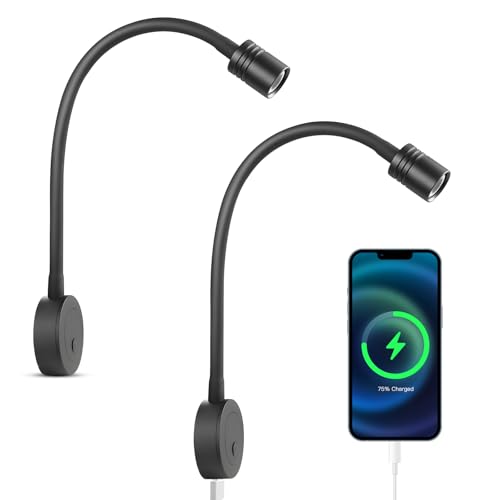 Obeaming 12V LED Leselampe Wandlampe Dimmbare Flexible Schwanenhals Bett 24V Spot Wandmontage für Wohnmobil Boot Yacht Innenbeleuchtung, Eingebautes USB-Ladegerät und Dimmschalter Mattschwarz, 2 Stk. von Obeaming