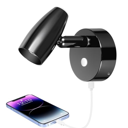 Obeaming 12V Leselampe LED Wohnmobil Dimmbar mit USB-Ladegerät und Blaues Nachtlicht, Schwenkbar Spot Bettlampe, Wandlampe für Boot Wohnwagen Camper Yacht, 12-24VDC Gloss schwarz von Obeaming