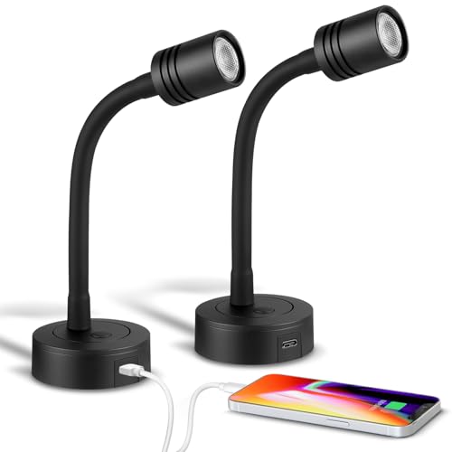 Obeaming 12V Leselampe Wohnmobil Boot Dimmbare Nachttischlampe Schwanenhals LED Wandlampe für Van LKW Wohnwagen, Eingebautes Typ-C-Ladegerät & Drücken Dimmschalter 3200K, 2 PCS von Obeaming