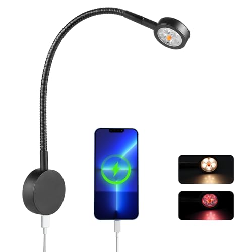 Obeaming 12V Leselampe Wohnmobil Eingebauter Dimmschalter, Typ-C-Ladegerät und rotes Nachtlicht 3200K Flexible Schwanenhals LED Wandlampe DC 12V-24V Spot für Boot Wohnwagen Yacht (Schwarz) von Obeaming