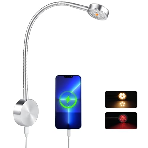 Obeaming 12V Leselampe Wohnmobil Eingebauter Dimmschalter, Typ-C-Ladegerät und rotes Nachtlicht 3200K Flexible Schwanenhals LED Wandlampe DC 12V-24V Spot für Boot Wohnwagen Yacht (Silber) von Obeaming