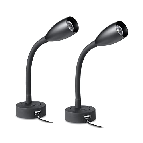 Obeaming 2 x Leselampe 12V Wohnmobil LED Dimmbar Flexible Schwanenhals Wandlampe Spot Augenpflege Bettlampe Wandmontage für Boot Wohnwagen Camper Yacht, Eingebautes USB und Dimmschalter Schwarz von Obeaming