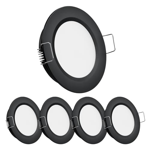 Obeaming 4 x LED Einbaustrahler 12V Spot 2,5W 5000K Wohnmobil Boot Einbauleuchten Flach Dimmbar Einbauspot für Camper Wohnwagen, 215lm Schwarz Loch 58-63mm Aluminium RA93 von Obeaming