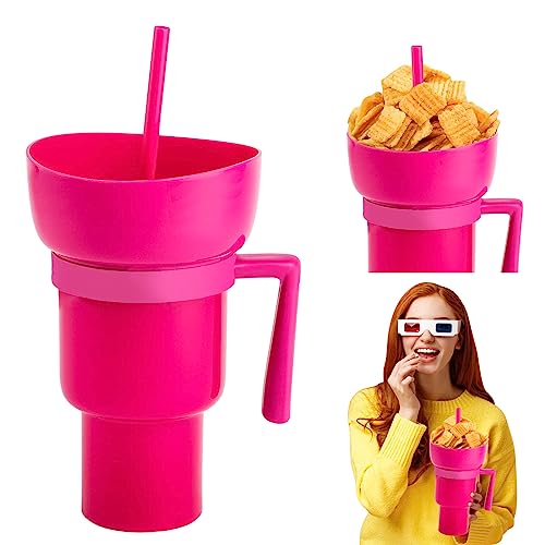 Obelevi 2 In 1 Snack & Drink Becher,Cup Bowl Combo, Butcher Meat Strohhalm Und Schüssel, Stadium Tumbler with Snack Bowl, Portable Leakproof Drink Cup Snack Bowl for Cinema, Home, Travel (Rosa) von Obelevi