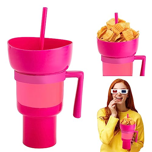 Obelevi 2 In 1 Snack & Drink Becher,Cup Bowl Combo, Butcher Meat Strohhalm Und Schüssel, Stadium Tumbler with Snack Bowl, Portable Leakproof Drink Cup Snack Bowl for Cinema, Home, Travel (Hellrosa) von Obelevi