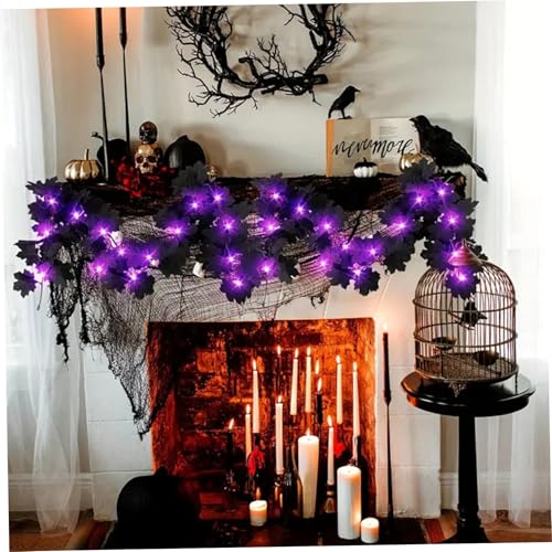 Halloween Girlande, 2m 20 LED -künstliche Schwarze Ahornblattgirlanden mit LED -Lichtern, Hänge verlassen Reben für Halloween -Kamin -Mantel -Partydekorationen (lila Leuchten) von Obelunrp