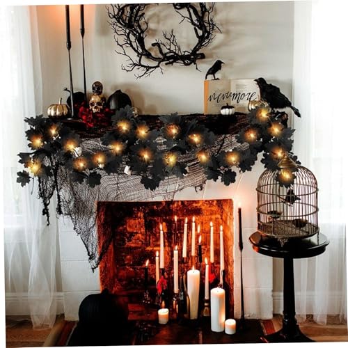 Halloween Girlande, 2m 20 LED -künstliche Schwarze Ahornblattgirlanden mit LED -Lichtern, Hang -Herbst -Urlaubsreben für Halloween -Kamin -Mantel -Partydekorationen (gelbe Lichter) von Obelunrp