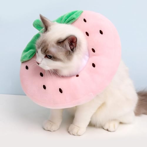 Katzenkragen weiche | Katzenweichkegel, süße Erdbeeren Katzenkegelkragen, einstellbare Katzenwiederherstellungskragen mit Kordelkordel, bequeme Baumwollkatze, um nicht mehr nach Wundheilung zu lecken von Obelunrp