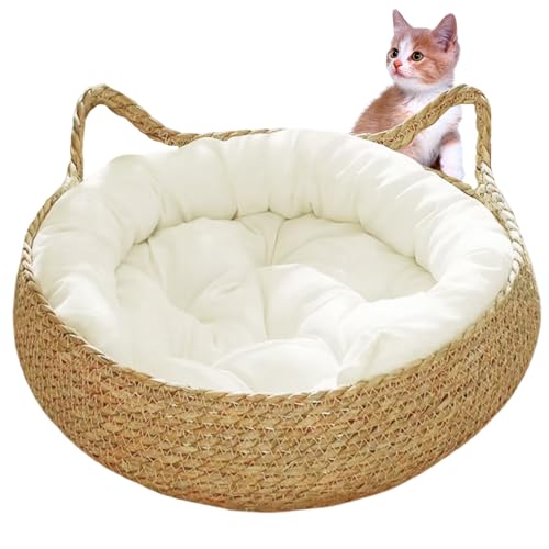 Obelunrp Katzenbetten für Innenkatzen 17x6 Zoll 2-in-1 gewebte Katzenkörbe mit weichem Kissen Kratzfeste Kätzchen Bett gemütlichen runden Korbkorb L, Korb, Korb von Obelunrp