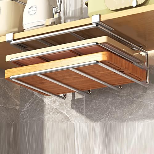 Obelunrp Schneidebrett Organisator unter Kabinett, 10.4x11.8x2,4 Zoll Raumsparung Metall Schneidebretthalter, unter Regal Counter Choping Board Rack, Topfdeckel Halter für Schranktür (Silber) von Obelunrp