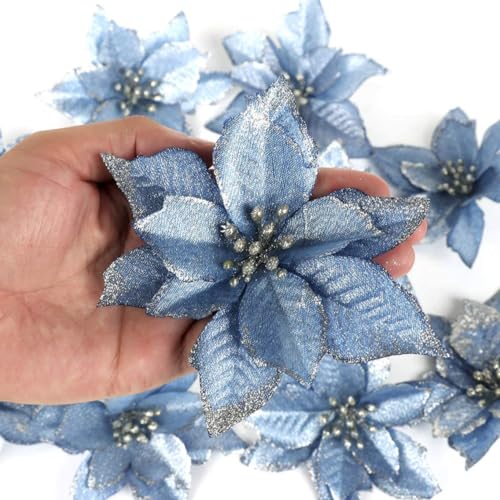 Poinsettias Künstliche Weihnachtsblumen, 10pcs 13 cm/5,1 Zoll künstliche Blume Weihnachtsbaum -Ornamente, Glitzerblumendekor für Weihnachtsbaum (blau) von Obelunrp