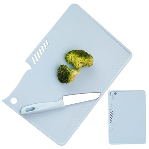 Schneidebrett mit Messer, 29 x 20 cm 2 in 1 Plastik-Hackingplatine mit eingebautem Messer, tragbare Schneidebretter für Campingreisen (blau) von Obelunrp