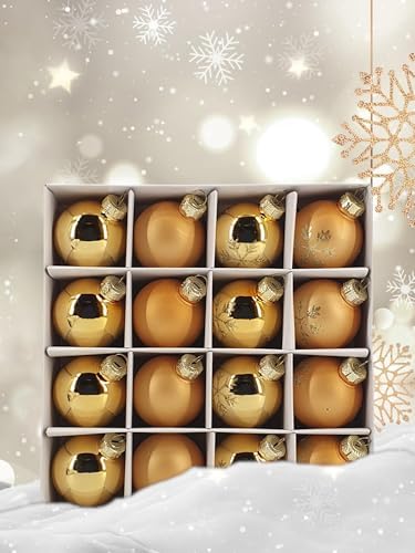 16 Festliche Christbaumkugeln aus Kunststoff Gold 16-teiliges Set mit Verzierungen 80576 von Oberle