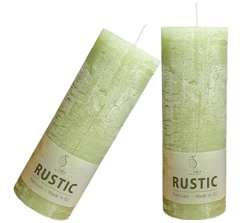 2 große Marken Rustik Stumpen Kerzen von Gala - Grün - 2 Stück - 19 x 6,8 cm - sehr schöne Haushaltskerzen - Lange Brenndauer - Unparfümiert - Natürliches Pflanzenwachs - Ohne Palmöl von Oberle