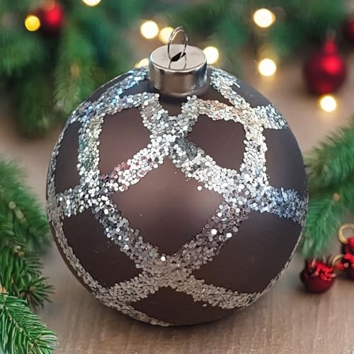 4 Große Christbaumkugeln aus Glas - mundgeblasen - Hand-designt - 8 cm Durchmesser - sehr stilvoll - anthrazit/Silber - glitzernd - Designkugeln - 80550 von Oberle