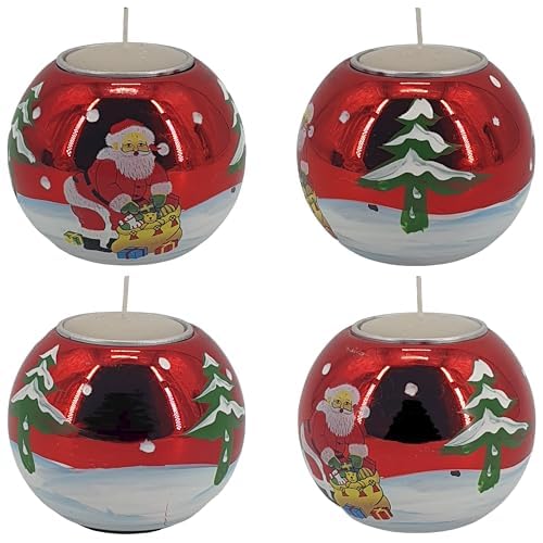 4 weihnachtliche Kerzenhalter Rot mit Weihnachtsmann und Tannenbaum handbemalt Adventskranz incl. 4 Teelichter ! 80570 von Oberle