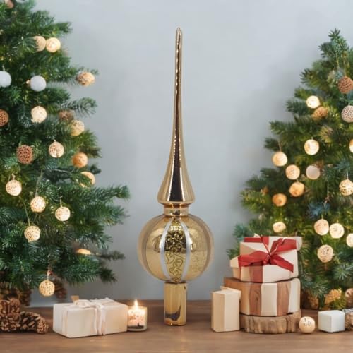 Dekorative Goldene Verzierte Christbaum Spitze, Höhe 27 cm Weihnachtsbaumspitze glänzend aus echtem Glas für Weihnachten Tannenbaum Spitze für den Christbaum von Oberle