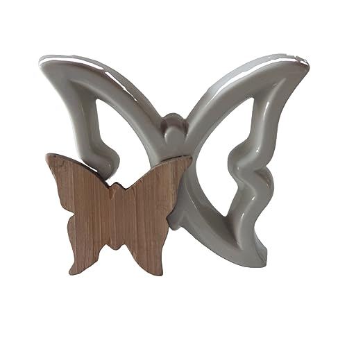 Oberle Schmetterling aus Porzellan glänzend mit Schmetterling Links aus Holz - Frühling - hellgrau 30114/a Innendeko ! von Oberle