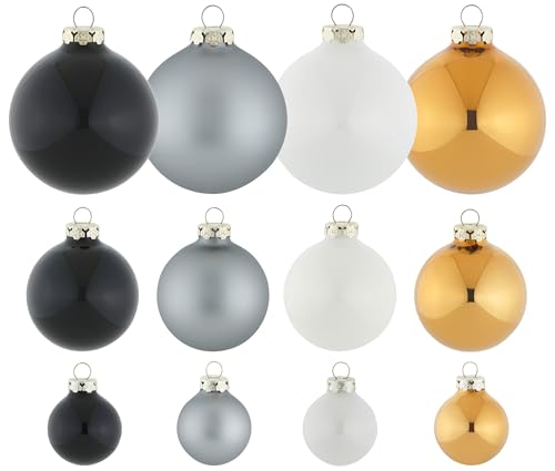 Thüringer Glasdesign Christbaum Kugeln Black&White&Gold Christmas - Weihnachtsdeko - Christbaumschmuck (40 St.) - Weihnachtsbaum Kugeln aus Glas - 3 Größen - 5960 von Oberle