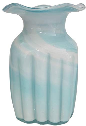 Oberstdorfer Glashütte Eckige Vase modern farbige Glasvase türkis Weiss marmoriert Blumenvase mit welliger grosser Öffnung mundgeblasen Höhe ca. 20 cm von Oberstdorfer Glashütte
