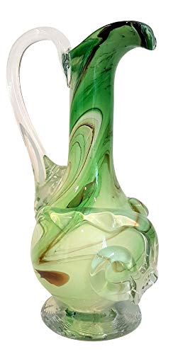 Oberstdorfer Glashütte Gruene Vase Blumenkrug mit Henkel farbige Glaskaraffe Zierkanne grün beige Weiss marmoriert dekorativer Kristallglaskrug mundgeblasen Höhe ca. 29 cm von Oberstdorfer Glashütte