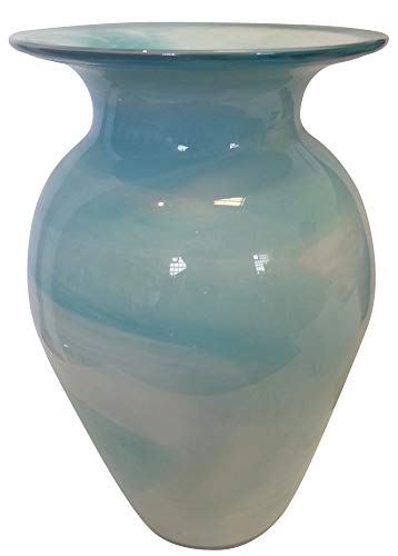Oberstdorfer Glashütte Vase Bodenvase farbige Glasvase türkis Weiss marmorierte dekorative Kristallglas Blumenvase mit grosser Öffnung mundgeblasen Höhe 24 cm von Oberstdorfer Glashütte