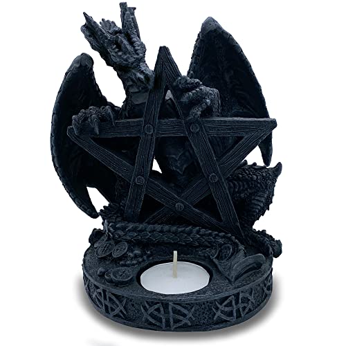 Kerzenständer Teelichhalter Gothic schwarzer Drachen mit Pentagramm, Drachenfigur in 17 cm Höhe - Deko Fantasy von Objectz