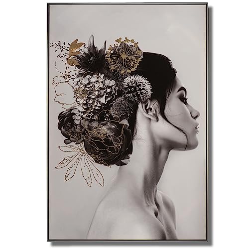 Objectz Premium Wandbild Dame mit goldenen Blüten - fertig gerahmt - Format 82 cm x 122 cm - handbemalte Giclée Leinwand von Objectz