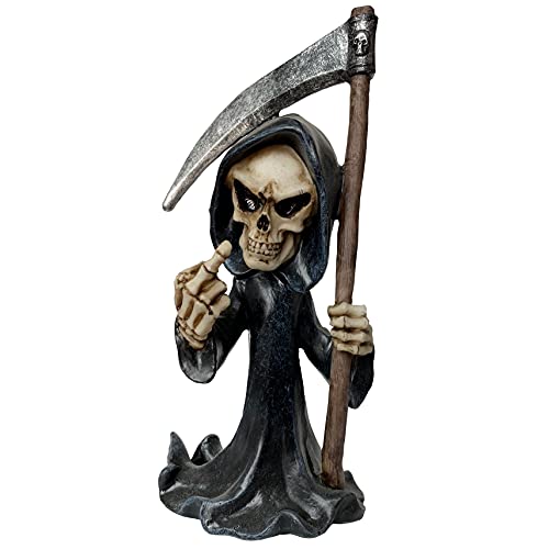 Objectz Skelett Sensenmann - Reaper - dunkle Dekofigur Skulptur Knochengerüst schwarz mit Kapuze - 21 cm Höhe - Deko für Grufti Grusel Halloween Horror (Mittelfinger) von Objectz