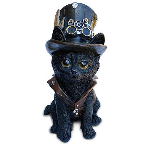 Objectz Steampunk Cogsmiths Cat, kleine Schwarze Katze mit Zylinderhut und Zahnräder, außergewöhnliche Dekofigur - Skulptur Fantasy Figur - Katzen Deko, Höhe 18,3 cm (Cat/Katze) von Objectz