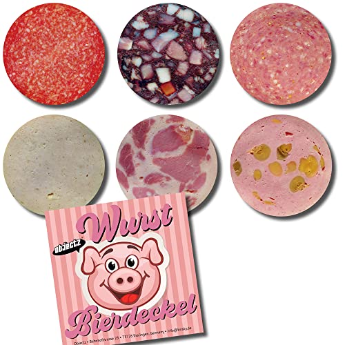 Witzige Wurst Bierdeckel - Set Pappe Getränke Untersetzer Glasuntersetzer - Geschenk für Metzger und Fleischer, Vegetarier und Veganer (6er Wurst) von Objectz