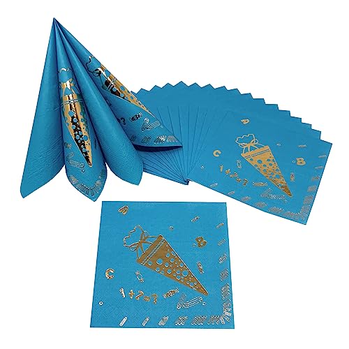 Oblique Unique® 20 Servietten für Schuleinführung Schulanfang Einschulung Deko mit goldenen ABC Zuckertüte 1 + 2 = 3 Stifte Motiv für Jungs Blau von Oblique Unique